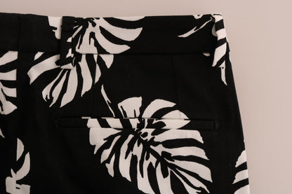 Dolce & Gabbana White Black Leaf Cotton Stretch Slim Pants