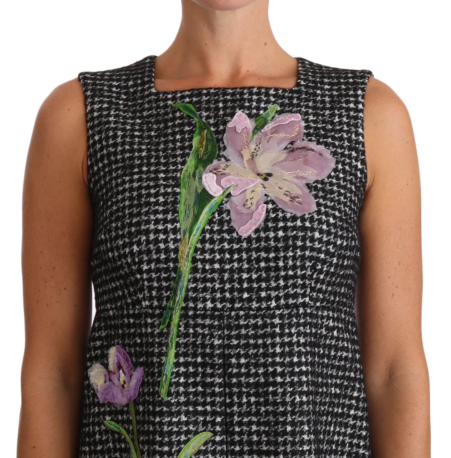 Dolce & Gabbana Gray Houndstooth Floral Appliqué Shift Mini Dress