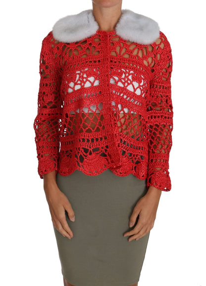 Dolce & Gabbana Elegant Red Crochet Knit Cardigan with Fur Collar