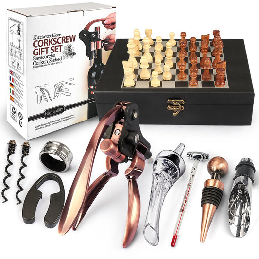 Black Wooden Box Wine Accessories and Chess Set