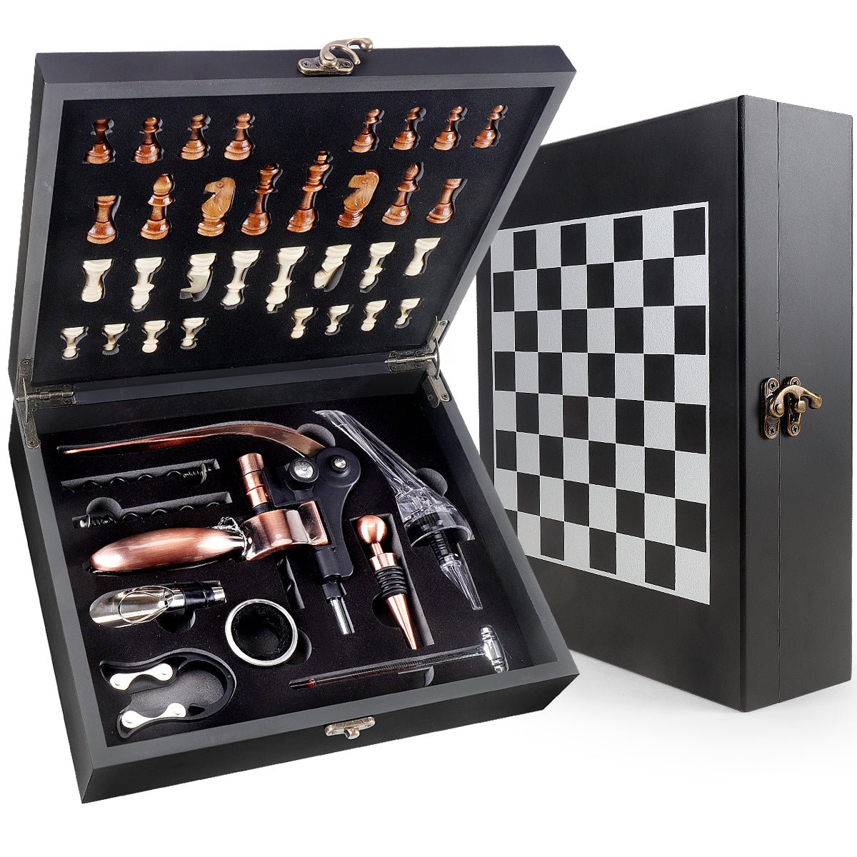Black Wooden Box Wine Accessories and Chess Set