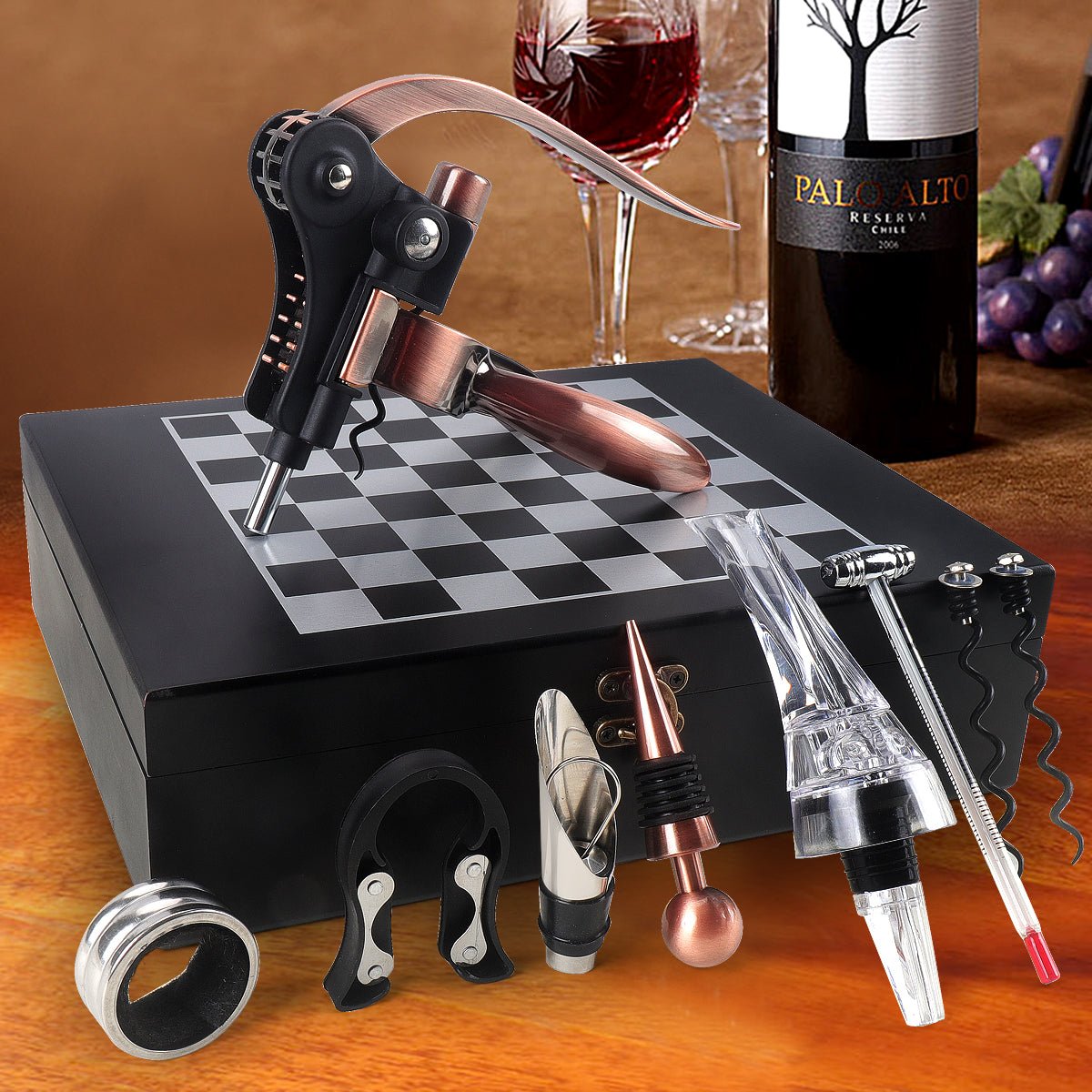 Black Wooden Box Wine Accessories and Chess Set
