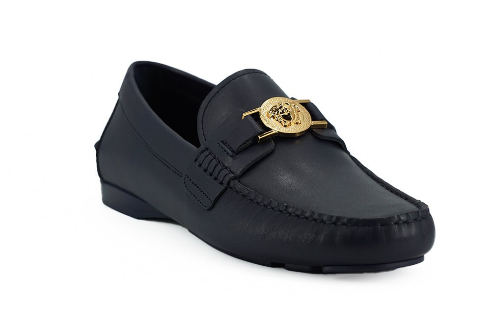 Versace Navy Blue Calf Leather Loafers Shoes
