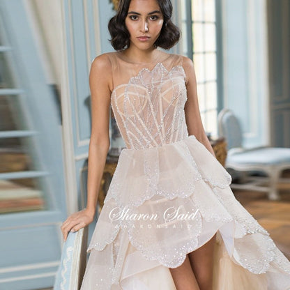 Luxury Dubai Champagne High Low Evening Dress 2022 Elegant Tiered Ruffles Short Front Long Back Arabic Prom Party Dresses SS249