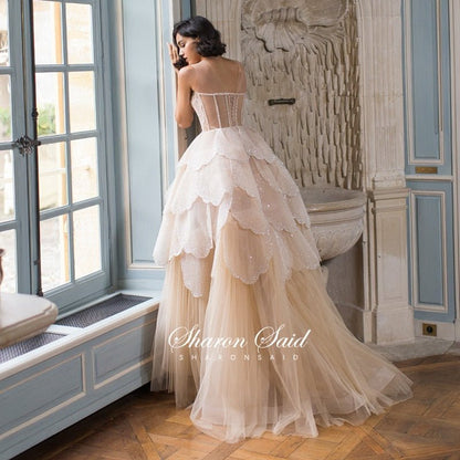 Luxury Dubai Champagne High Low Evening Dress 2022 Elegant Tiered Ruffles Short Front Long Back Arabic Prom Party Dresses SS249