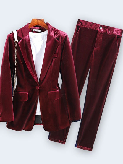 High Quality Velvet Elegant Wine Women Business Suits with Pants and Jackets Coat Autumn Winter OL Styles Pantsuits Blazers Set