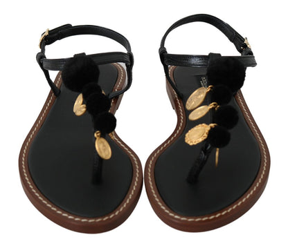 Dolce & Gabbana Pom Pom Flip Flop Ankle Strap Flats