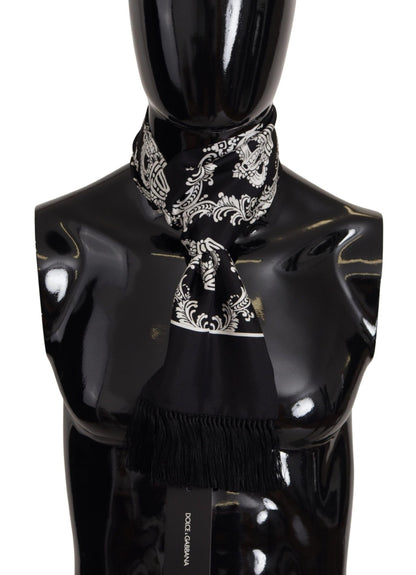 Dolce & Gabbana Black Silk Royal Crown Print Logo Shawl Fringe Scarf