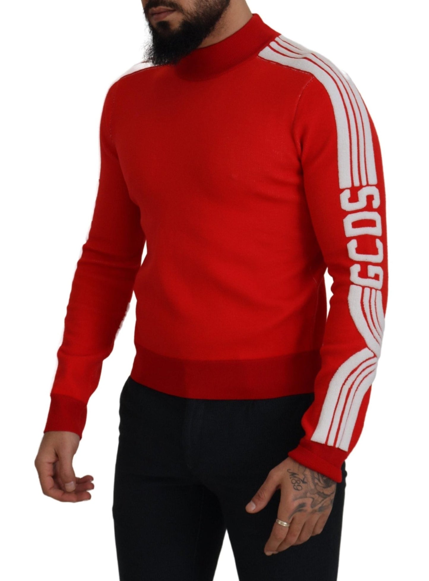 GCDS Red Wool Logo Printed Crew Neck Men Pullover Sweater