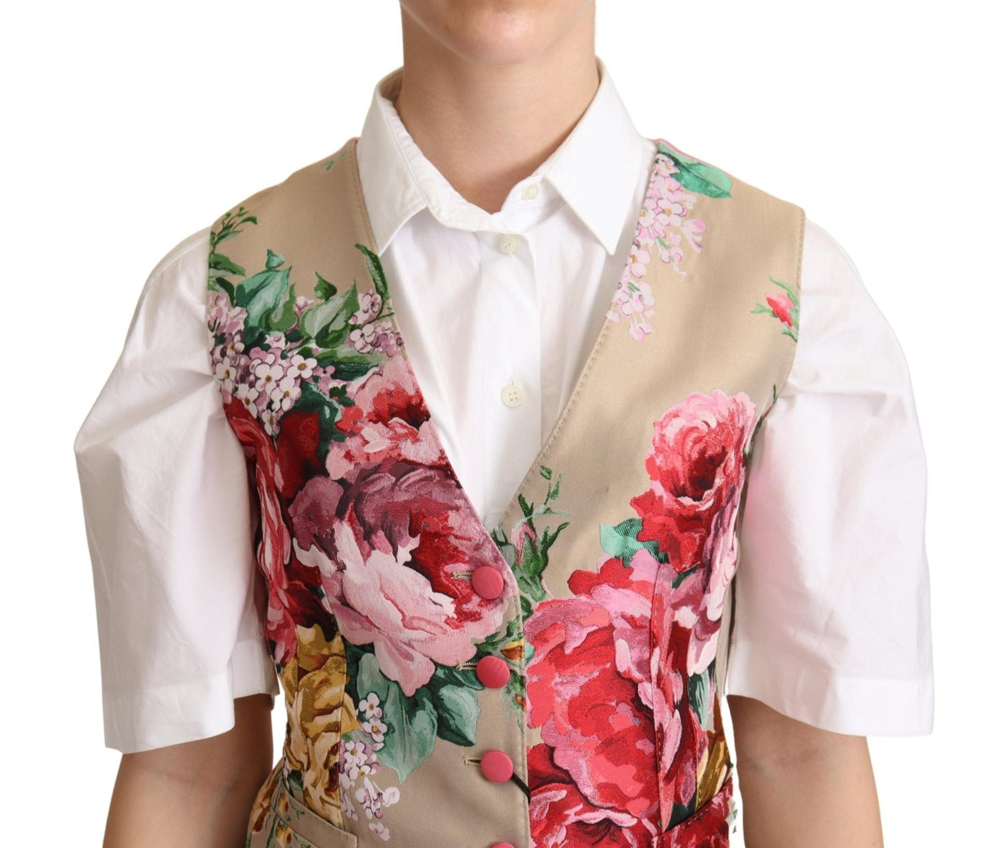 Dolce & Gabbana Beige Jacquard Floral Print Waistcoat Vest