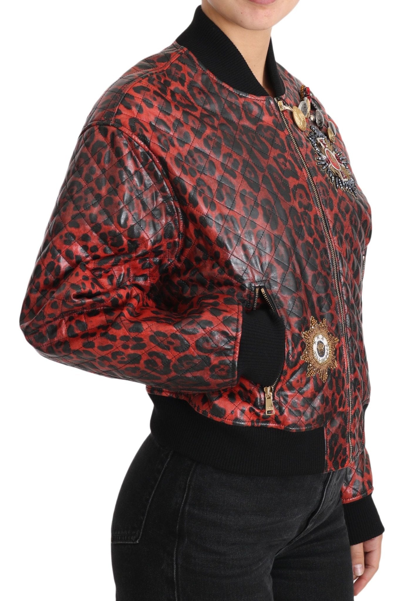 Dolce & Gabbana Red Leopard Bomber Leather Jacket with Crystal Buttons