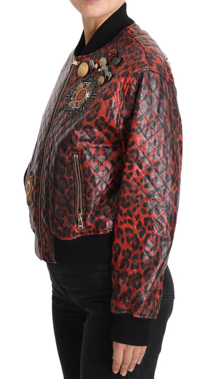 Dolce & Gabbana Red Leopard Bomber Leather Jacket with Crystal Buttons