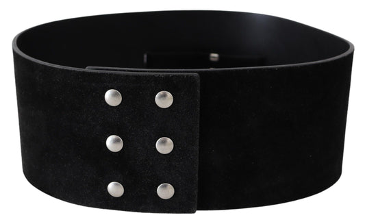 GF Ferre Elegant Black Leather Wide Belt with Silver Tone Buckle