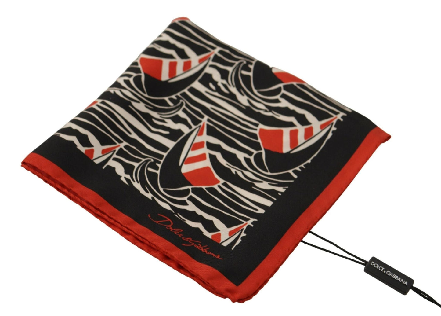 Dolce & Gabbana Black Red Sailboat Square Handkerchief Silk Scarf