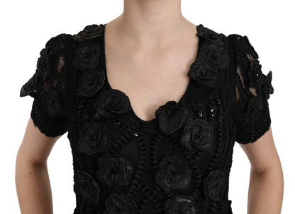 John Richmond Black Silk Leather Flowers Sheath Dress