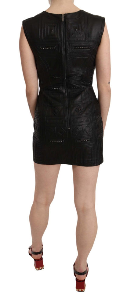 John Richmond Black Leather Studded Mini Shift Dress