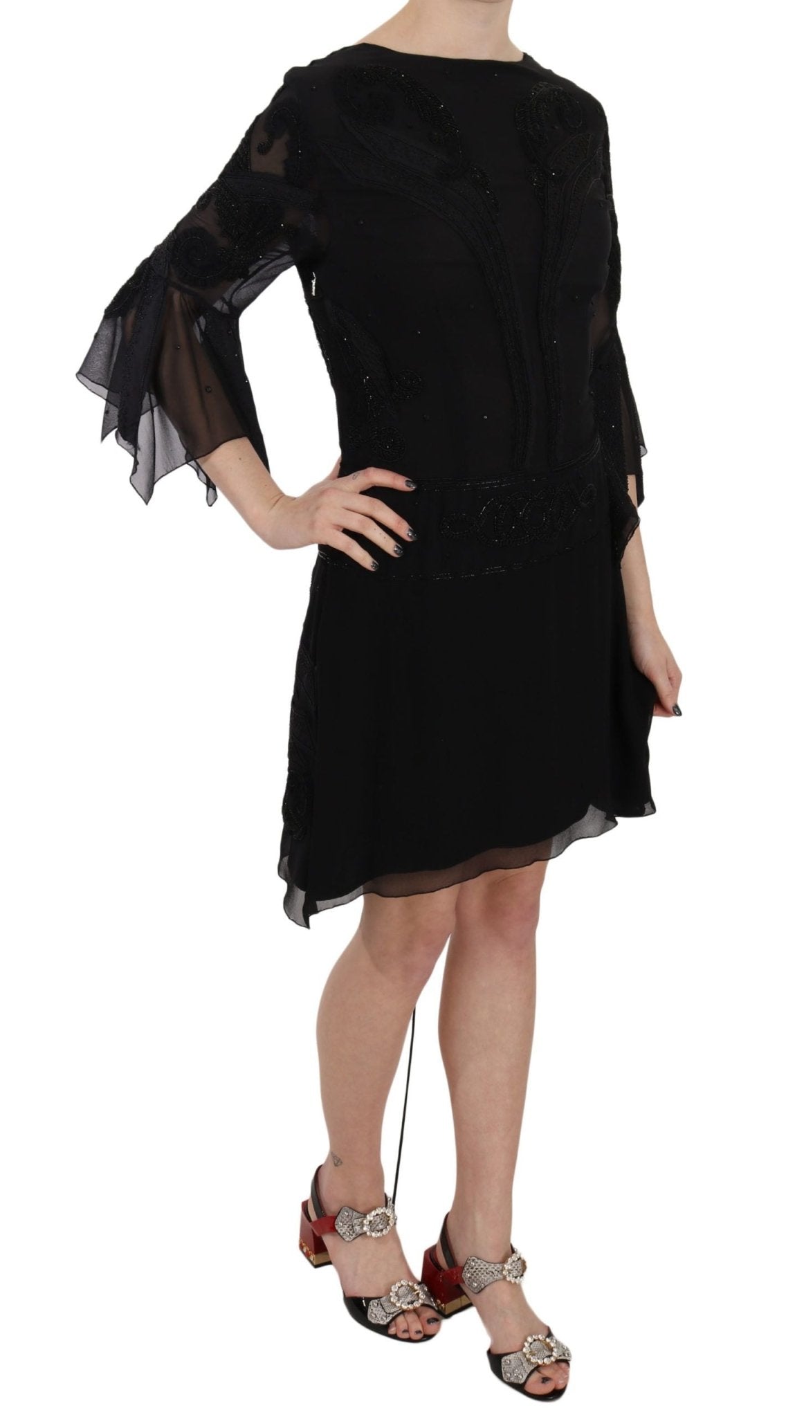 John Richmond Elegant Black Sequined Silk Mini Dress