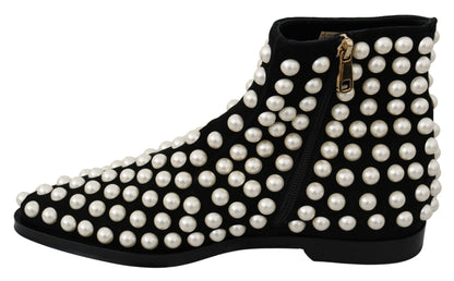 Dolce & Gabbana Chic Black Suede Ankle Boots with Pearls