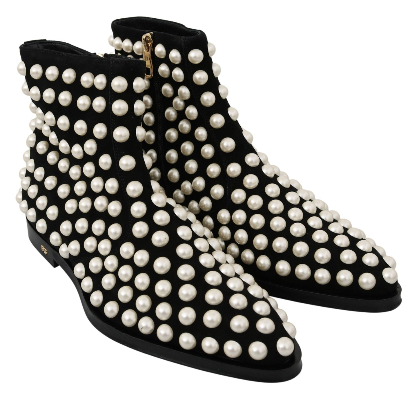 Dolce & Gabbana Chic Black Suede Ankle Boots with Pearls