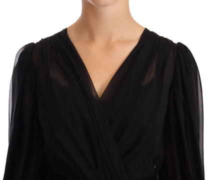 Dolce & Gabbana Black Mesh Pleated Mini Silk Stretch Dress