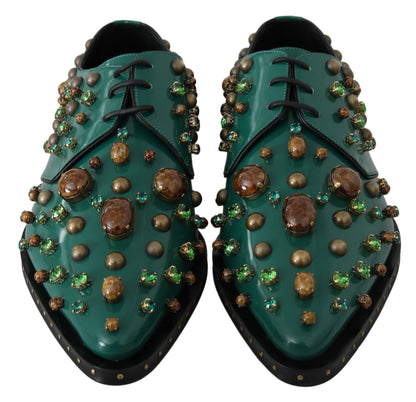Dolce & Gabbana Emerald Leather Dress Shoes with Crystal Accents