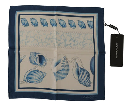 Dolce & Gabbana White Blue Shells Print Square Handkerchief Scarf