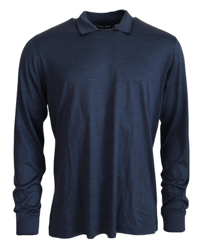 Dolce & Gabbana BLue Silk Polo Long Sleeve Pullover Sweater