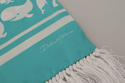 Dolce & Gabbana Blue Whale Printed Shawl Wrap Fringe Silk Teal Scarf