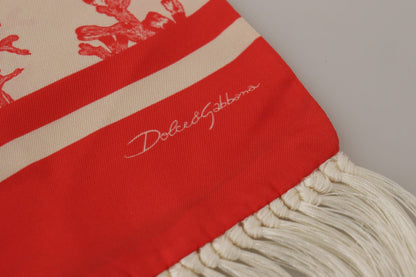 Dolce & Gabbana White Red Coral Print Shawl Wrap Fringe Scarf