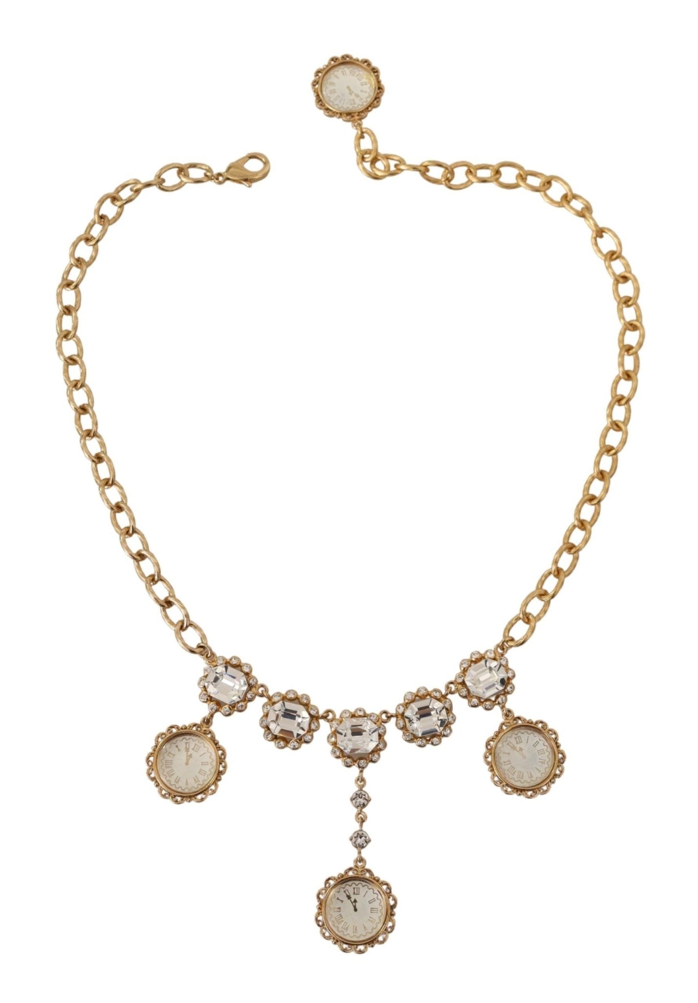 Dolce & Gabbana Gold Clock Statement Crystal Chain Necklace