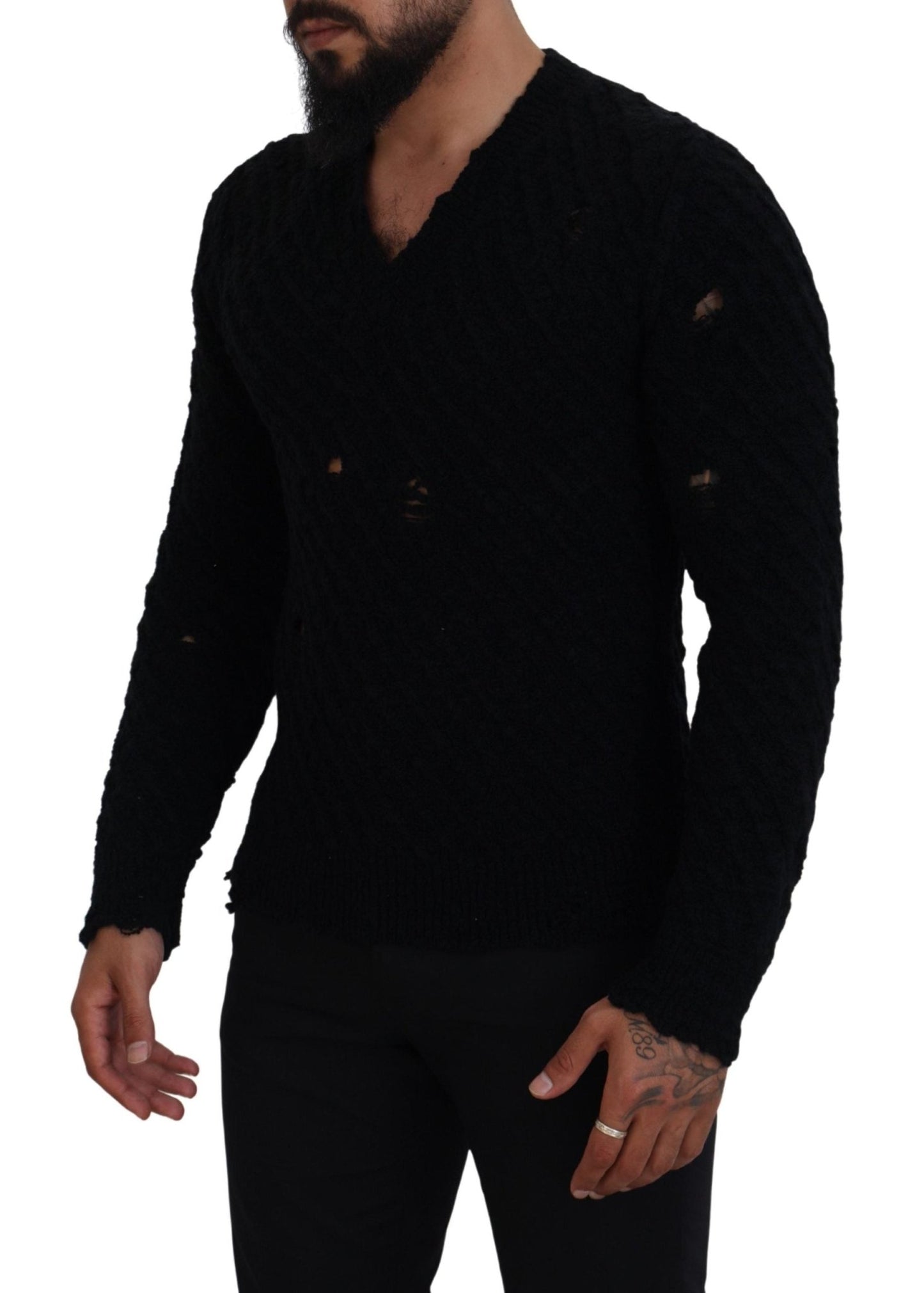 Dolce & Gabbana Black Wool V-neck Knitted Pullover Sweater