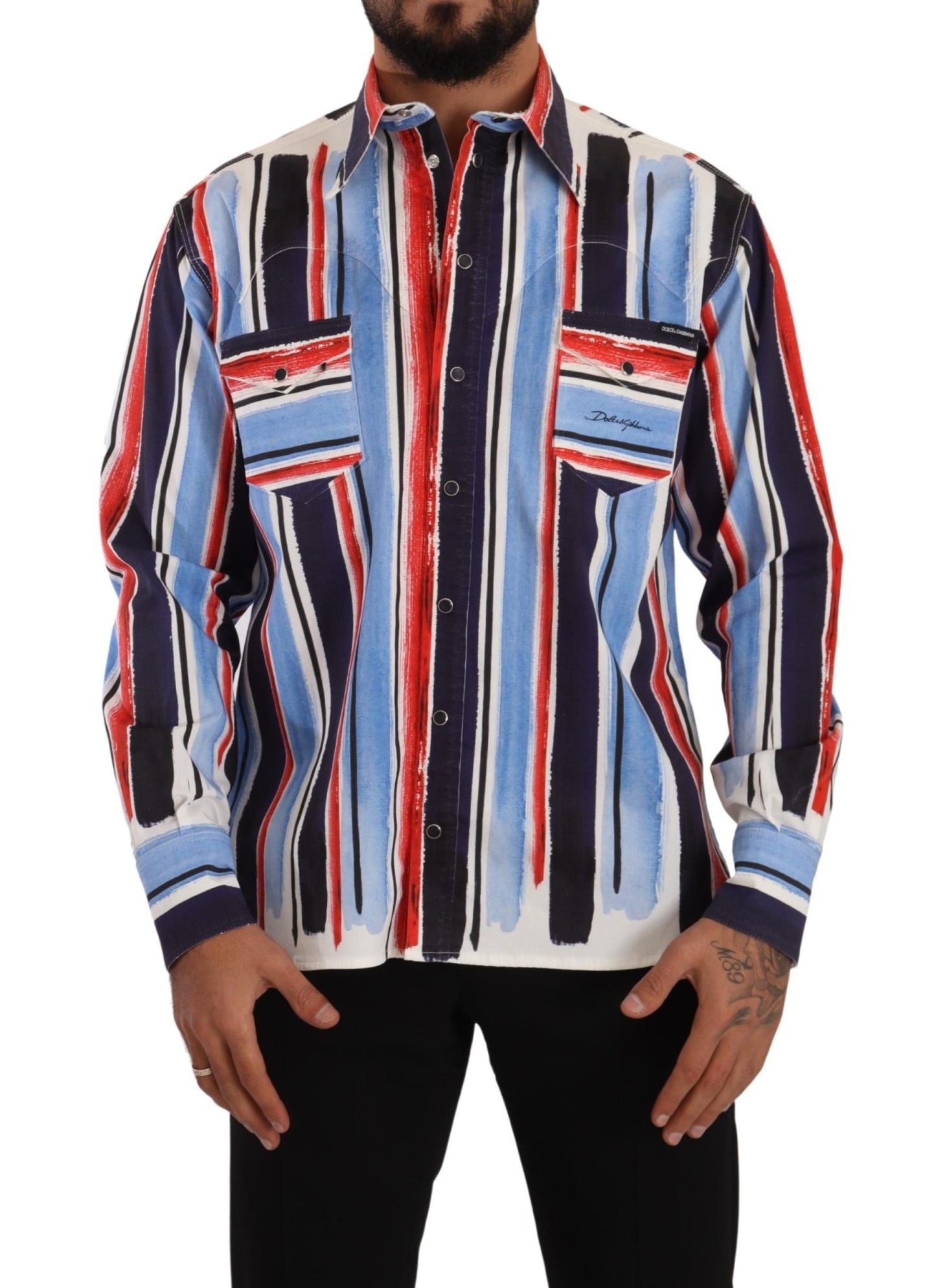 Dolce & Gabbana Red Striped Long Sleeve Cotton Shirt Blue