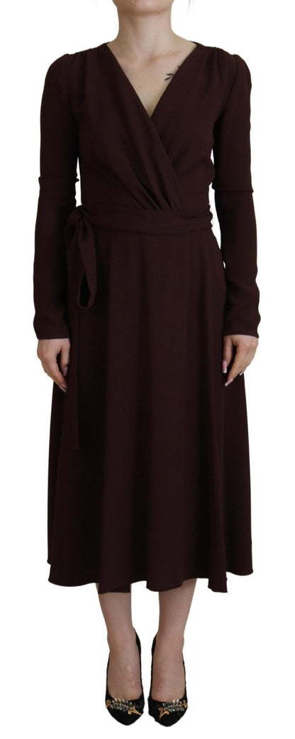 Dolce & Gabbana Brown Wrap Long Sleeve Midi Stretch Dress