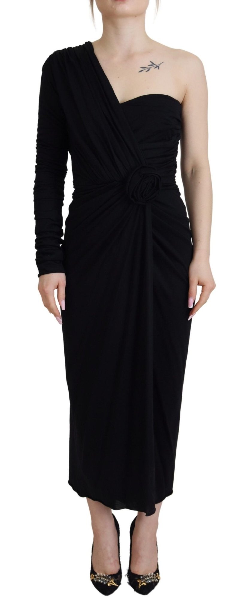 Dolce & Gabbana Black Wrap Sheath Long Gown Wool Dress