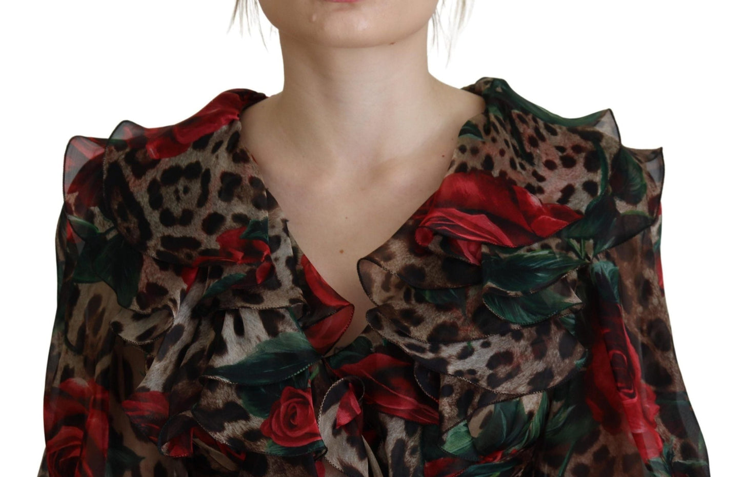 Dolce & Gabbana Brown Leopard Roses Silk Ruffled Gown Dress