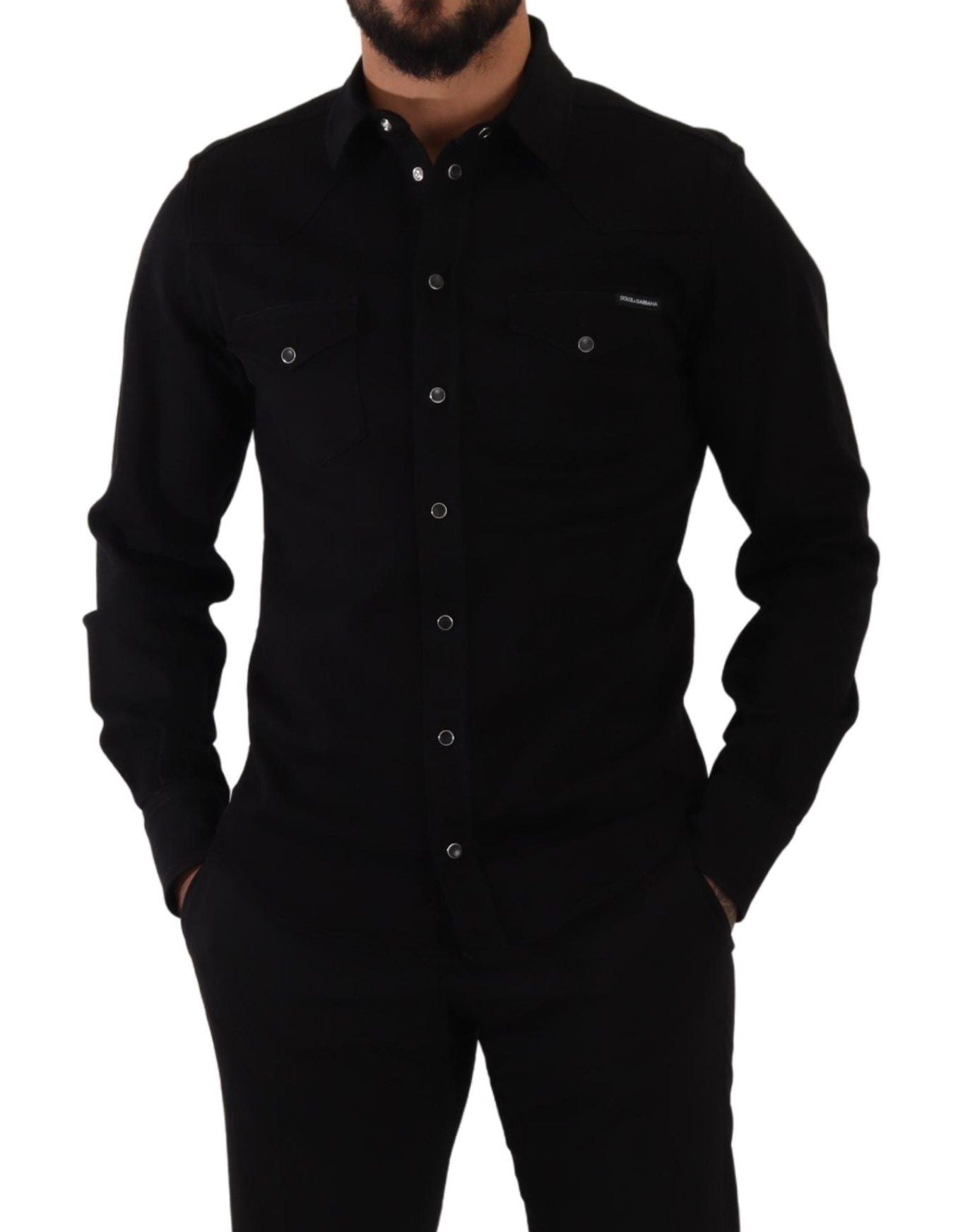 Dolce & Gabbana Black Slim Cotton Denim Stretch Shirt