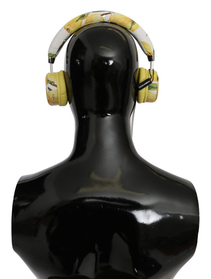 Dolce & Gabbana Chic White Leather Headphones with Yellow Print