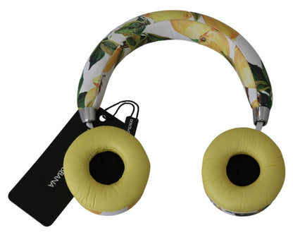 Dolce & Gabbana Chic White Leather Headphones with Yellow Print