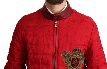 Dolce & Gabbana Red Brocade Bomber Gold Crown Logo Coat Jacket