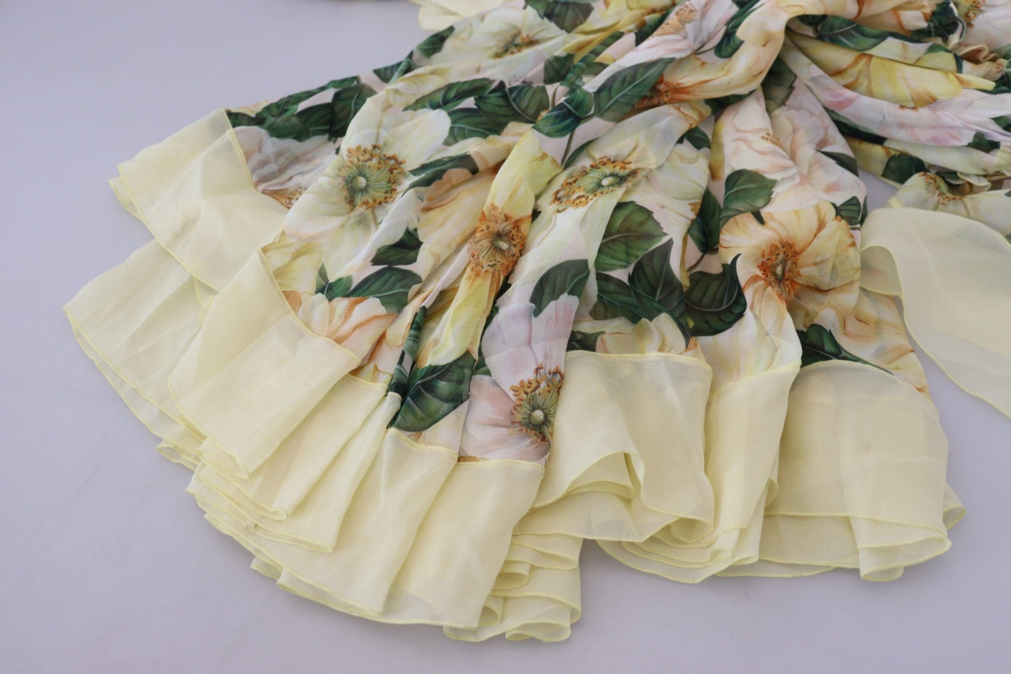 Dolce & Gabbana Yellow Floral Print Pleated Maxi Silk Dress