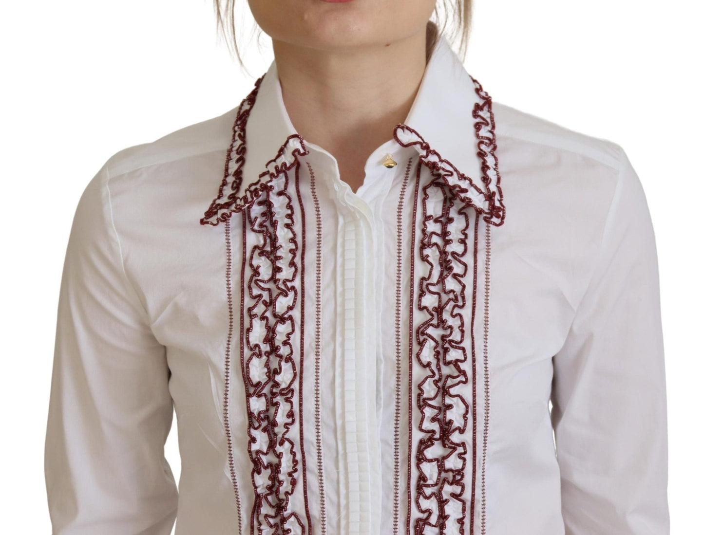 Dolce & Gabbana White Lace Long Sleeves Ruffle Collar Top
