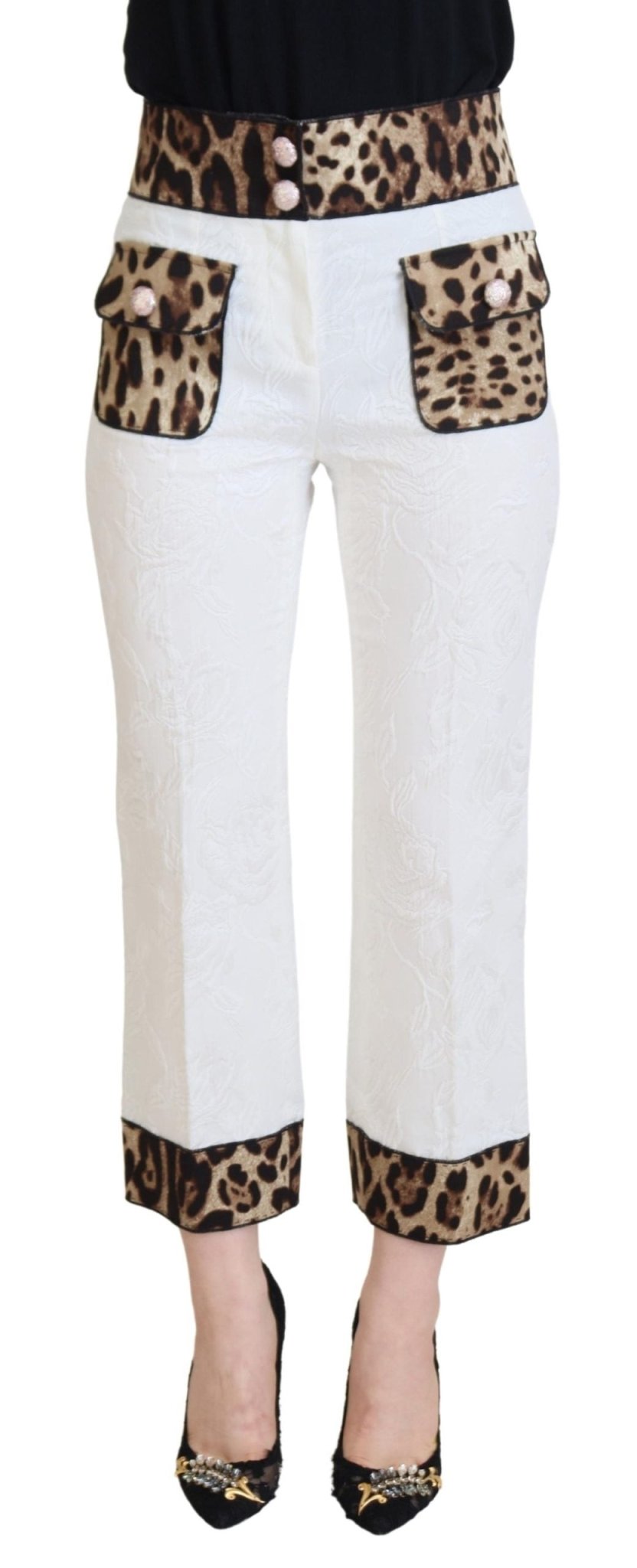 Dolce & Gabbana White Leopard Print High Waist Pants