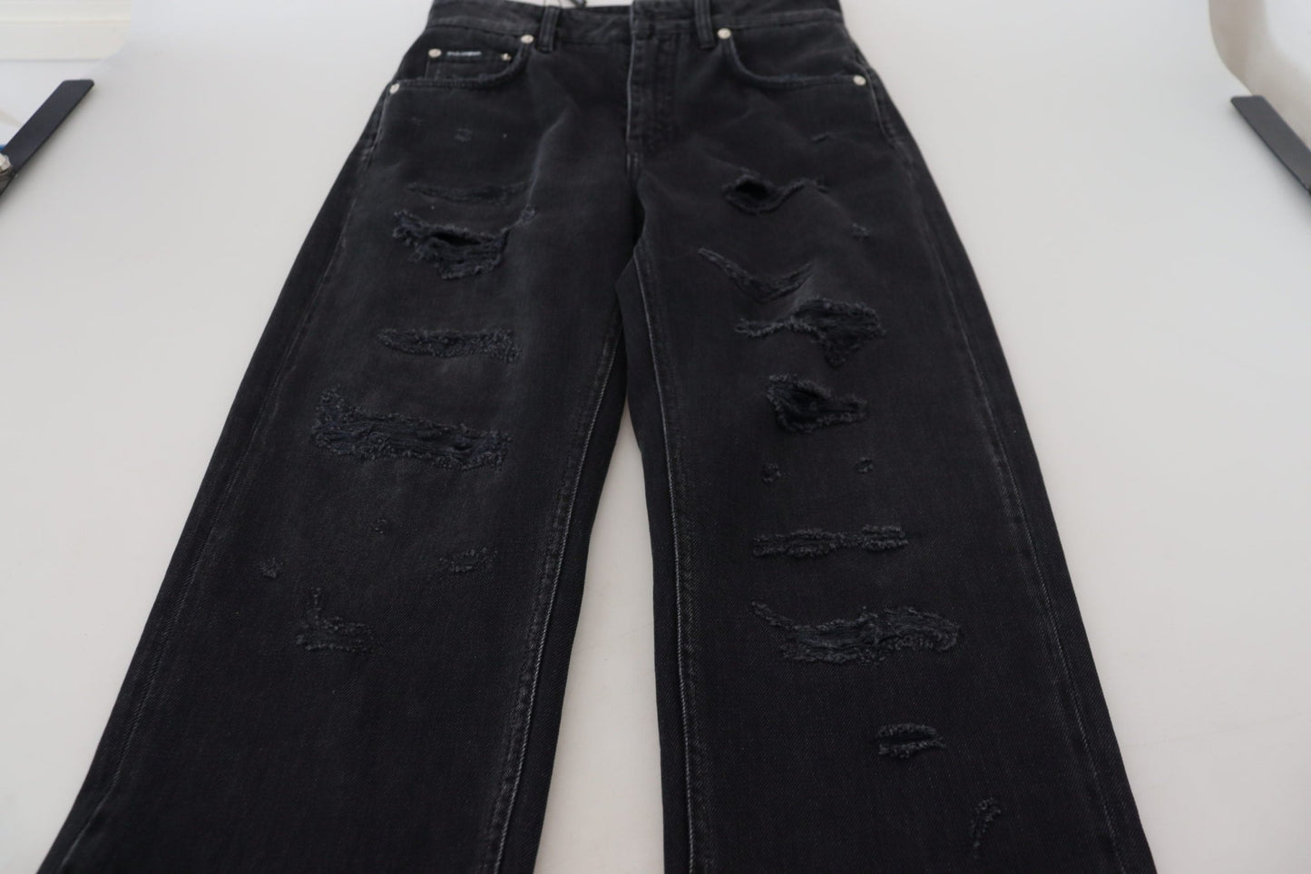 Dolce & Gabbana Black Cotton Tattered High Waist Denim Jeans