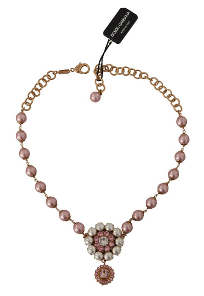 Dolce & Gabbana Gold Brass Crystal Pink Faux Pearl Pendants Necklace