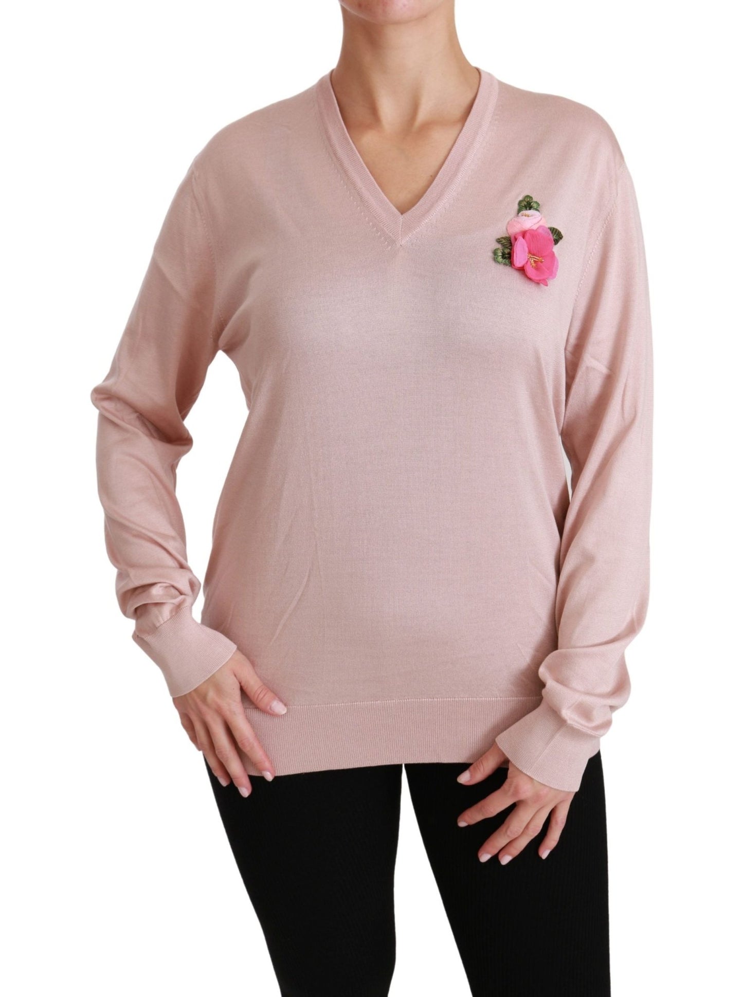 Dolce & Gabbana Pink Floral Silk V-Neck Sweater
