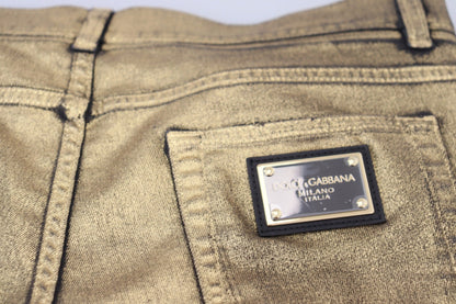 Dolce & Gabbana Gold Cotton Tattered Skinny Men Denim Jeans
