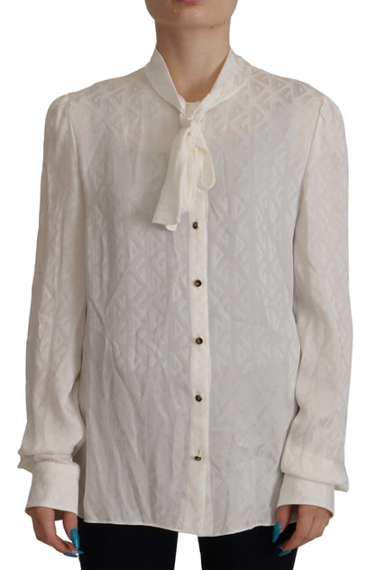 Dolce & Gabbana White Long Sleeves Ascot Collar Blouse