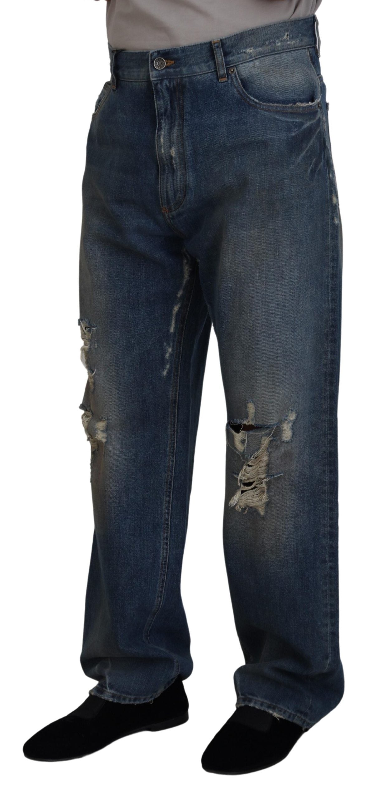 Dolce & Gabbana Blue Cotton Tattered Straight Fit Denim Jeans
