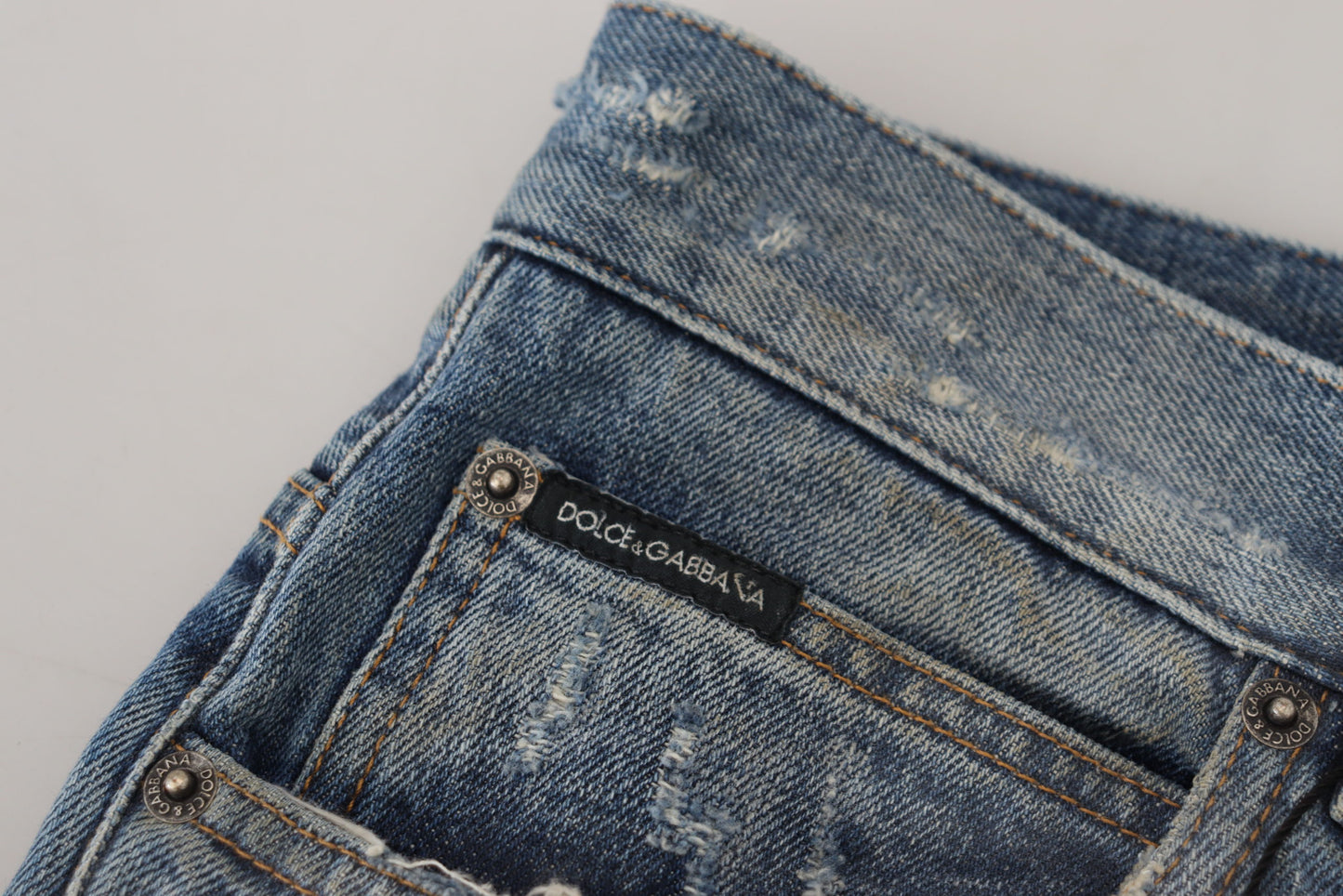 Dolce & Gabbana Blue Cotton Tattered Straight Fit Denim Jeans