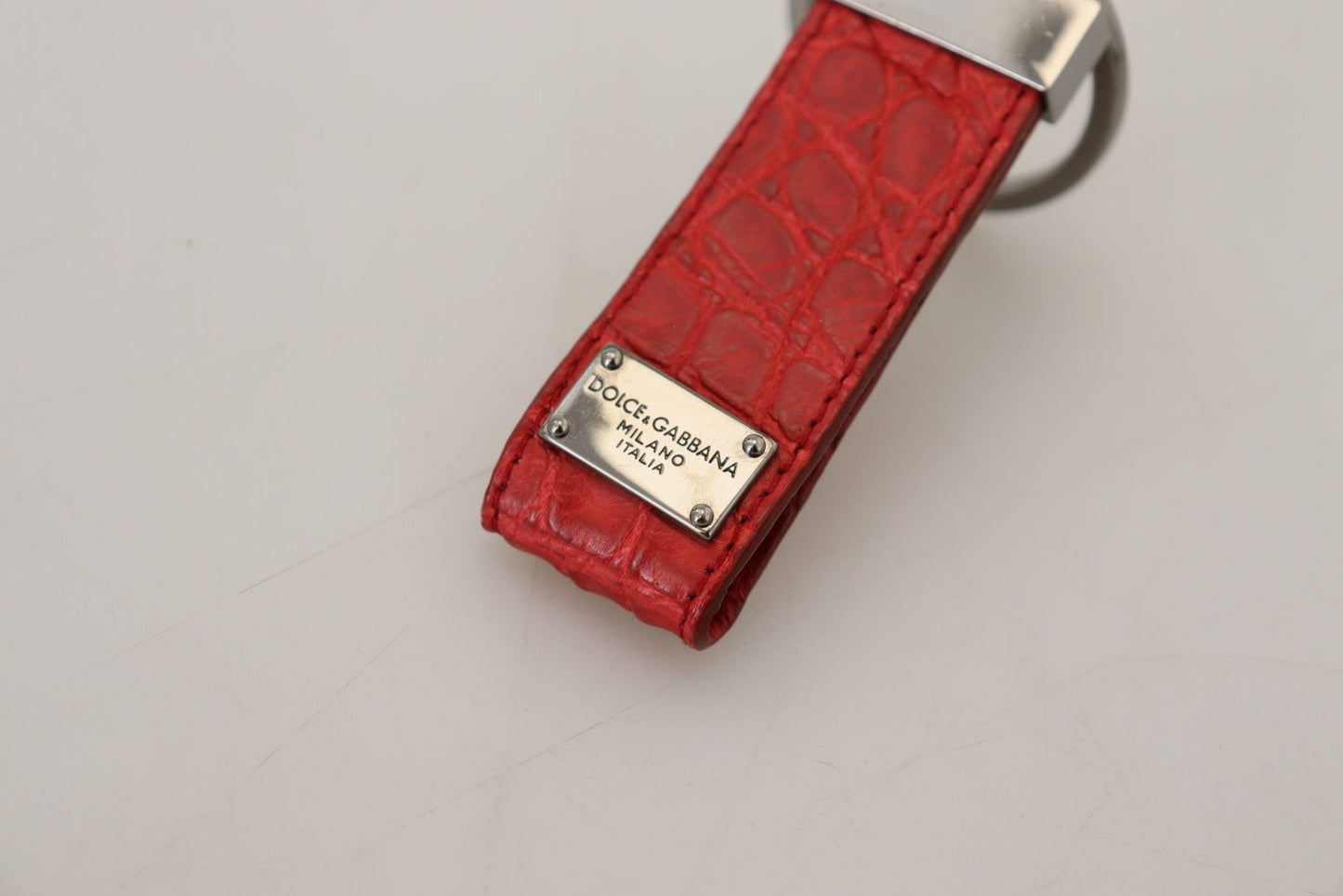 Dolce & Gabbana Red Leather Logo Plaque Silver Brass Keychain